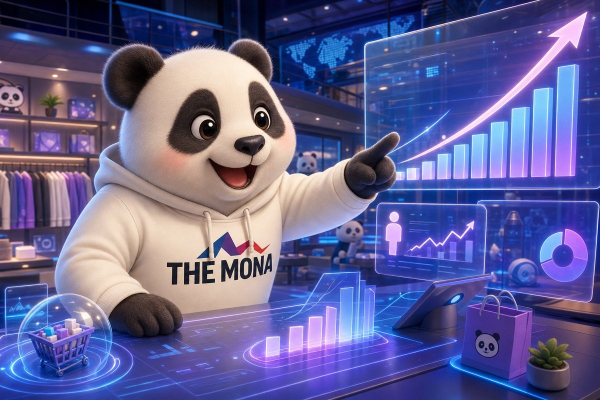 Panda mỉm cười rạng rỡ nhìn vào màn hình hiển thị doanh số bán lẻ tăng vọt và hiệu suất nhân viên cải thiện vượt trội sau tự động hóa, chứng minh giải pháp MONA xử lý được vấn đề nhân viên chống đối tự động hóa.