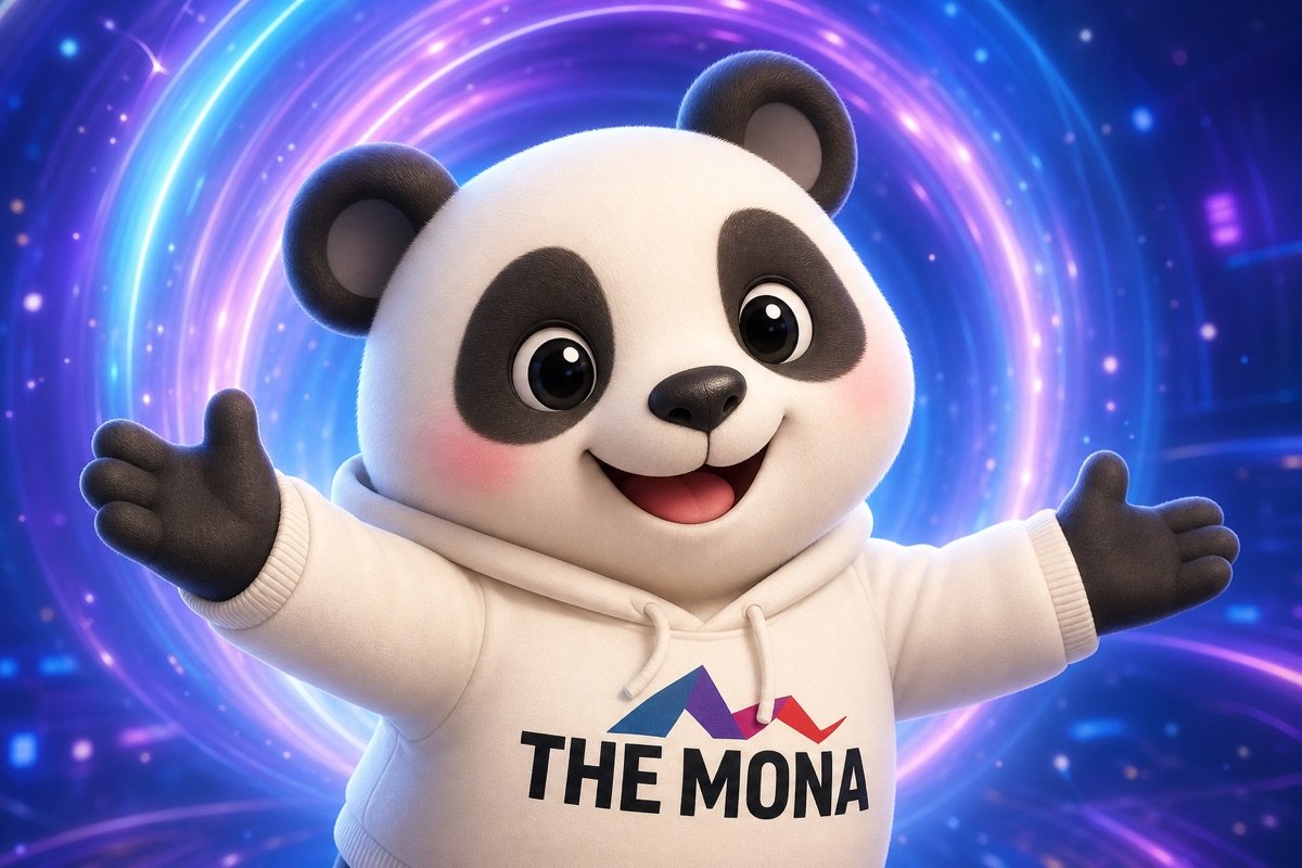 Panda mỉm cười rạng rỡ, dang tay mời gọi trước một cổng không gian tương lai, khuyến khích chủ doanh nghiệp bắt đầu hành trình tự động hóa có chiến lược, tránh việc nhân viên chống đối tự động hóa.