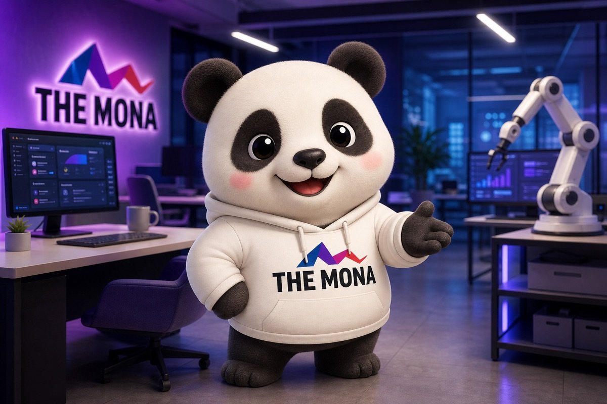 Panda tự tin mỉm cười mời gọi, đứng trong một văn phòng hiện đại với các hệ thống tự động hóa, thể hiện khả năng giải quyết vấn đề nhân viên chống đối tự động hóa.