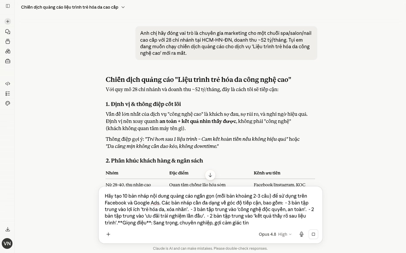Màn hình Claude tạo 10 bản nháp quảng cáo cho dịch vụ spa, giúp tối ưu hóa quy trình marketing.
