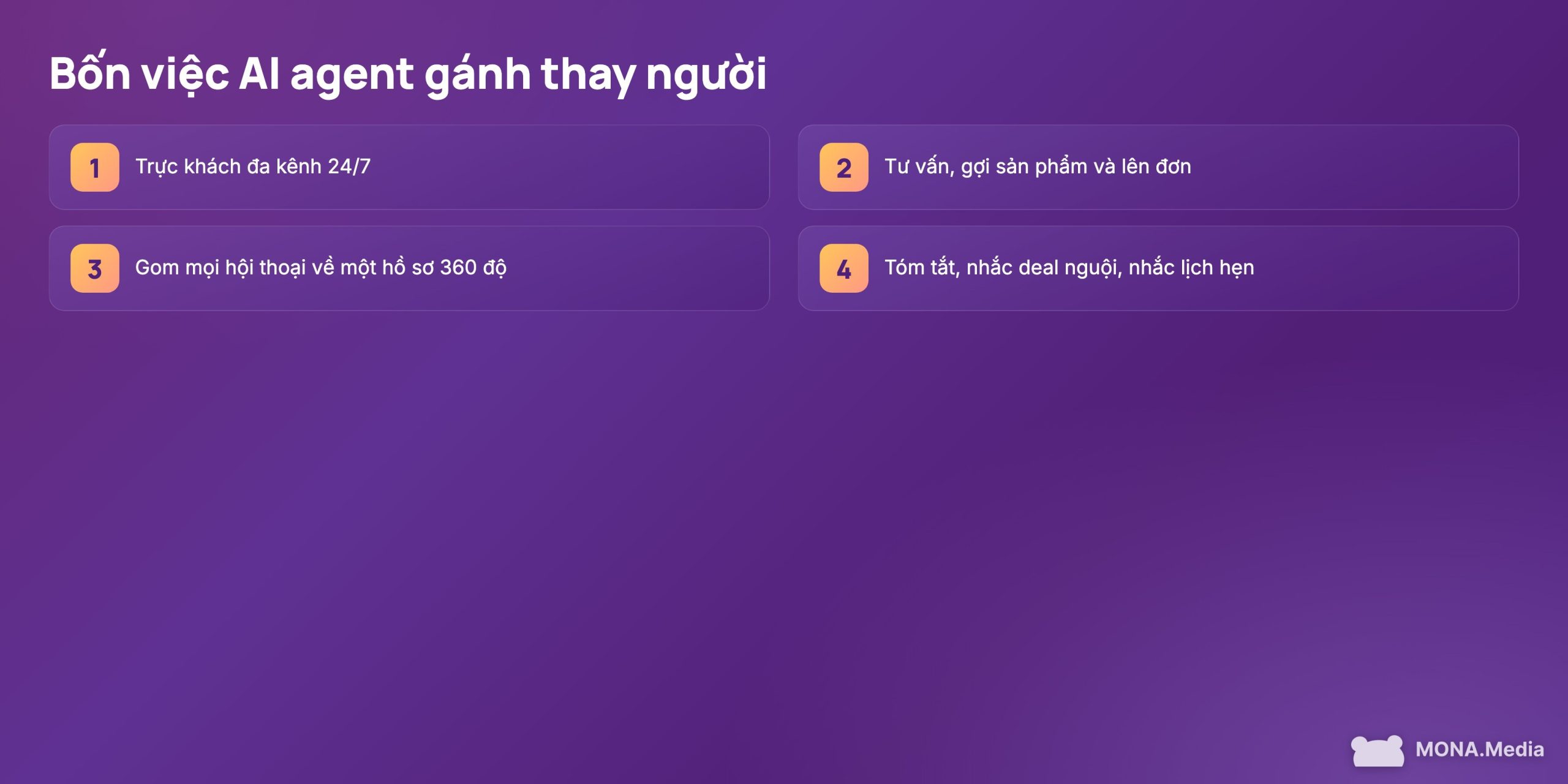 AI agent làm được gì trong doanh nghiệp gồm trực khách, tư vấn chốt, gom lead, nhắc việc