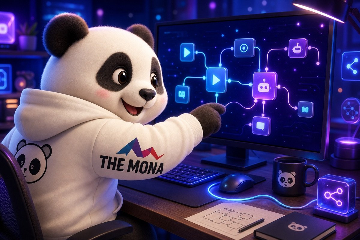 Panda hào hứng nhìn màn hình hiển thị quy trình AI agent được xây dựng bằng n8n, thể hiện sự nhẹ nhõm khi hiểu công nghệ.