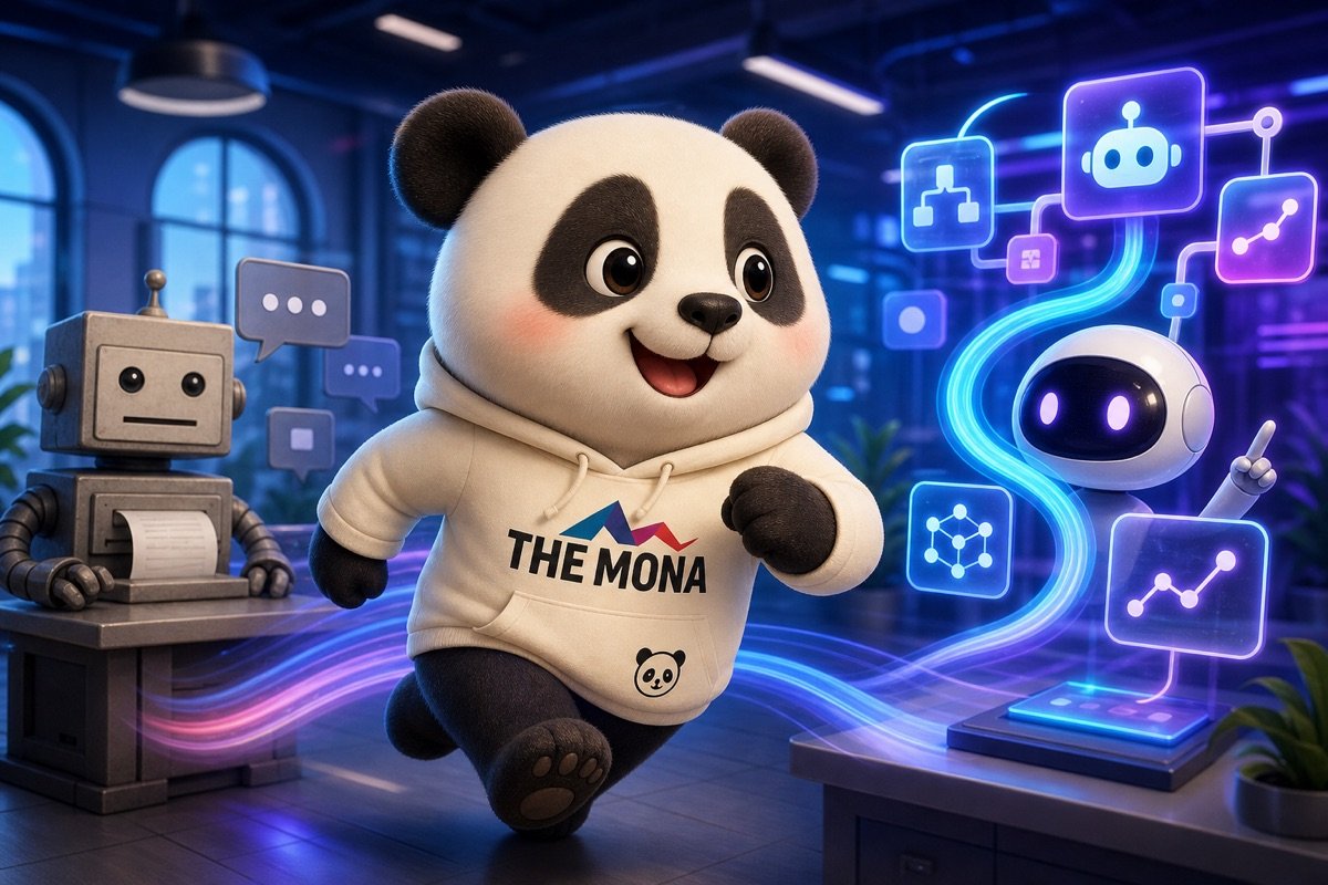 Panda vui vẻ di chuyển qua khu vực làm việc, minh họa sự khác biệt giữa AI agent linh hoạt và chatbot truyền thống cứng nhắc.
