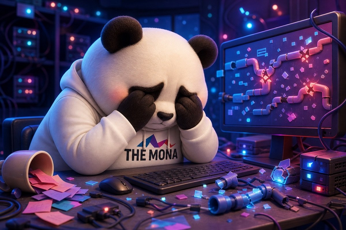 Panda buồn rũ rượi, căng thẳng trước màn hình hiển thị lỗi và cảnh báo bảo mật, minh họa nỗi đau mất kiểm soát AI agent.