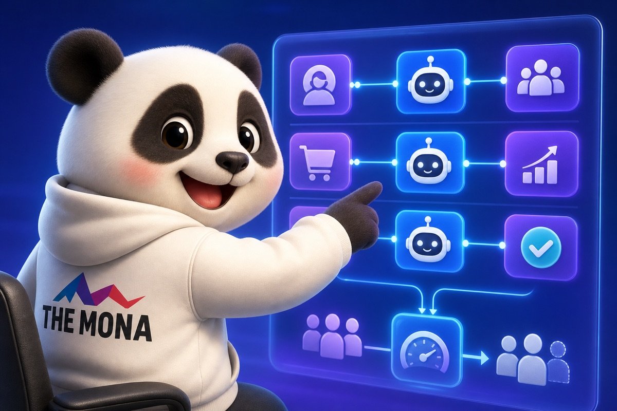 Panda vui mừng chỉ vào màn hình hiển thị hệ thống AI agent tùy chỉnh của MONA, giúp giảm headcount cồng kềnh.