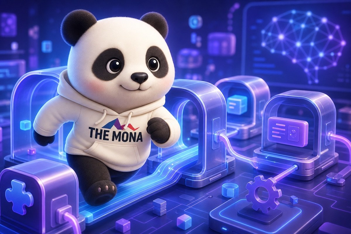 Panda quyết tâm di chuyển qua các mô-đun tích hợp, minh họa quy trình xây dựng phần mềm AI agent tùy chỉnh của MONA.