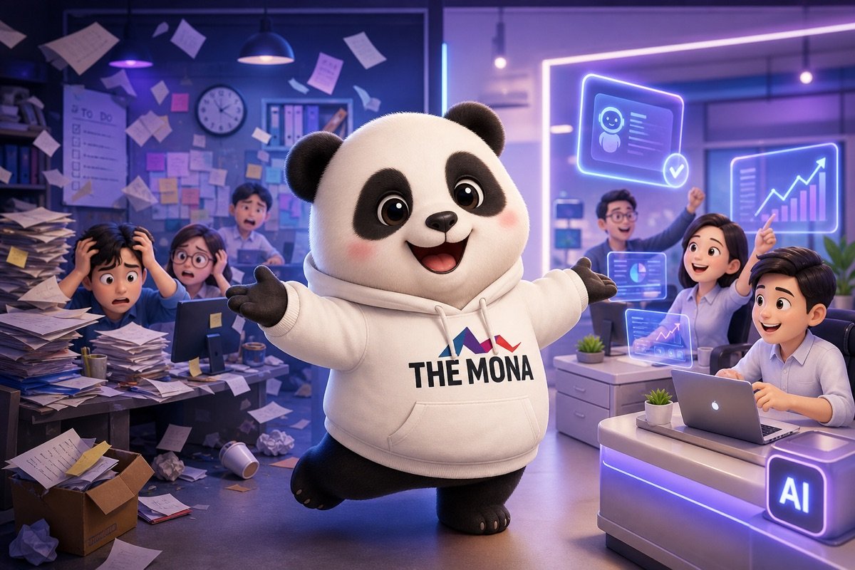 Panda vui mừng chỉ ra sự khác biệt giữa văn phòng lộn xộn và không gian làm việc hiệu quả nhờ AI agent, giải quyết nỗi đau lương cao output thấp.