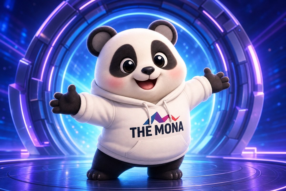 Panda cười tươi rạng rỡ, dang tay mời gọi, đứng trước cổng tương lai của đầu tư AI agent.
