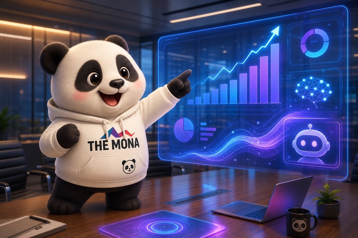 Panda hào hứng chỉ vào biểu đồ tăng trưởng và hiệu suất đầu tư cao của AI agent trên màn hình holographic, thể hiện tầm nhìn chiến lược.