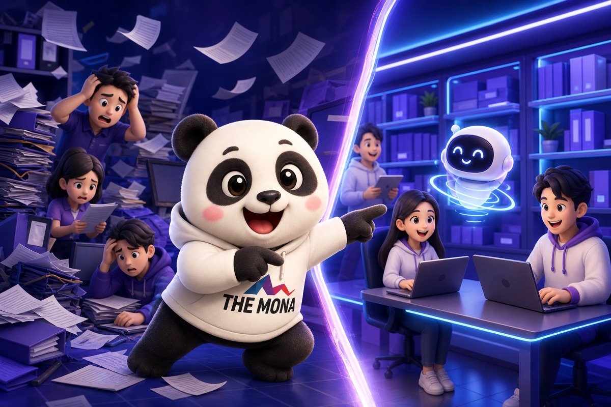 Panda hào hứng chỉ vào màn hình chia đôi: trước đây thông tin lộn xộn, giờ đây AI agent hỗ trợ nhân viên mới giúp quy trình rõ ràng.