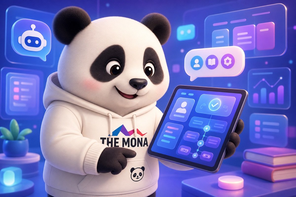Panda hài lòng nhìn máy tính bảng, phần mềm tự động hóa và AI agent hỗ trợ nhân viên mới tìm kiếm thông tin nhanh chóng.