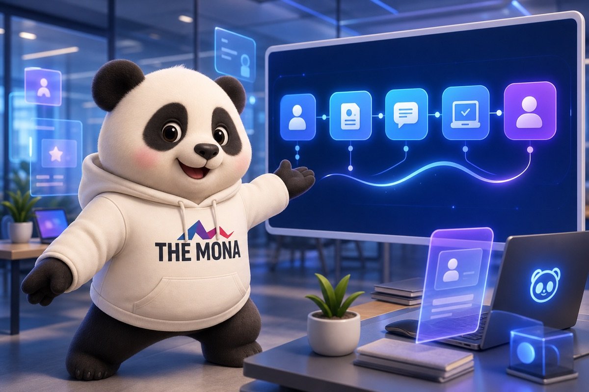 AI agent hỗ trợ nhân viên mới tự tin chào đón, hướng dẫn trong môi trường văn phòng hiện đại.