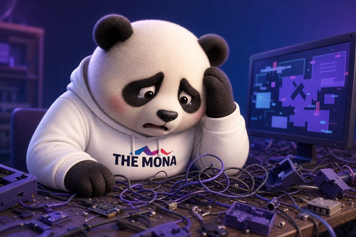 Gấu trúc buồn bã và căng thẳng trước màn hình lỗi, thể hiện nỗi đau 'AI thử thấy ngu' khi dùng công cụ tự ráp thay vì AI Agent chuyên nghiệp.
