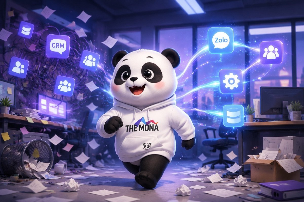 Gấu trúc vui mừng di chuyển qua không gian làm việc, các hệ thống dữ liệu marketing giờ đây đã liên kết nhờ AI agent.