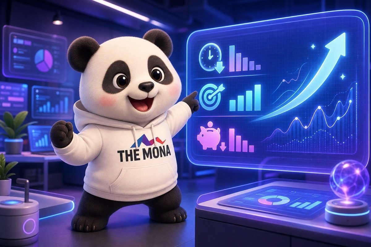 Gấu trúc hào hứng chỉ vào màn hình hiển thị số liệu thành công của AI Agent nội bộ trong việc kiểm soát thông tin.