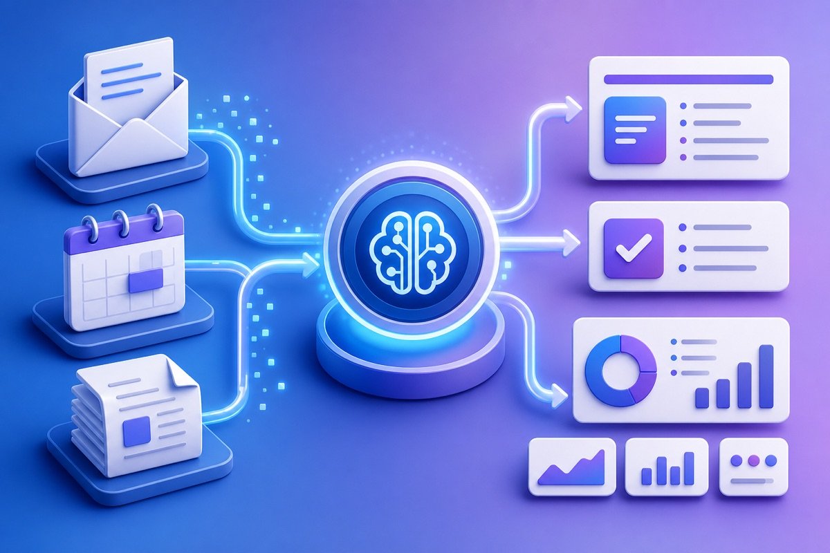 Infographic minh họa quy trình phần mềm tự động hóa MONA dùng AI agent tóm tắt email và thông tin, biến dữ liệu thô thành kết quả rõ ràng.