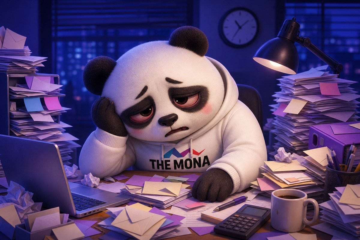 Chú gấu CEO mệt mỏi, rũ rượi vì bị ngập trong email và tài liệu, thể hiện nỗi đau về gánh nặng công việc hành chính.