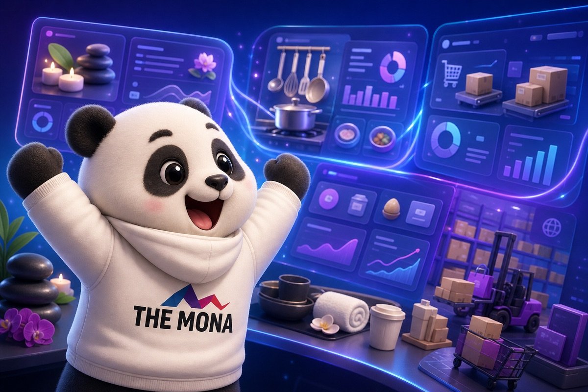 Góc nhìn qua vai chú gấu CEO đang hào hứng nhìn vào màn hình hiển thị các ứng dụng tóm tắt thông tin bằng AI agent cho nhiều ngành nghề khác nhau.