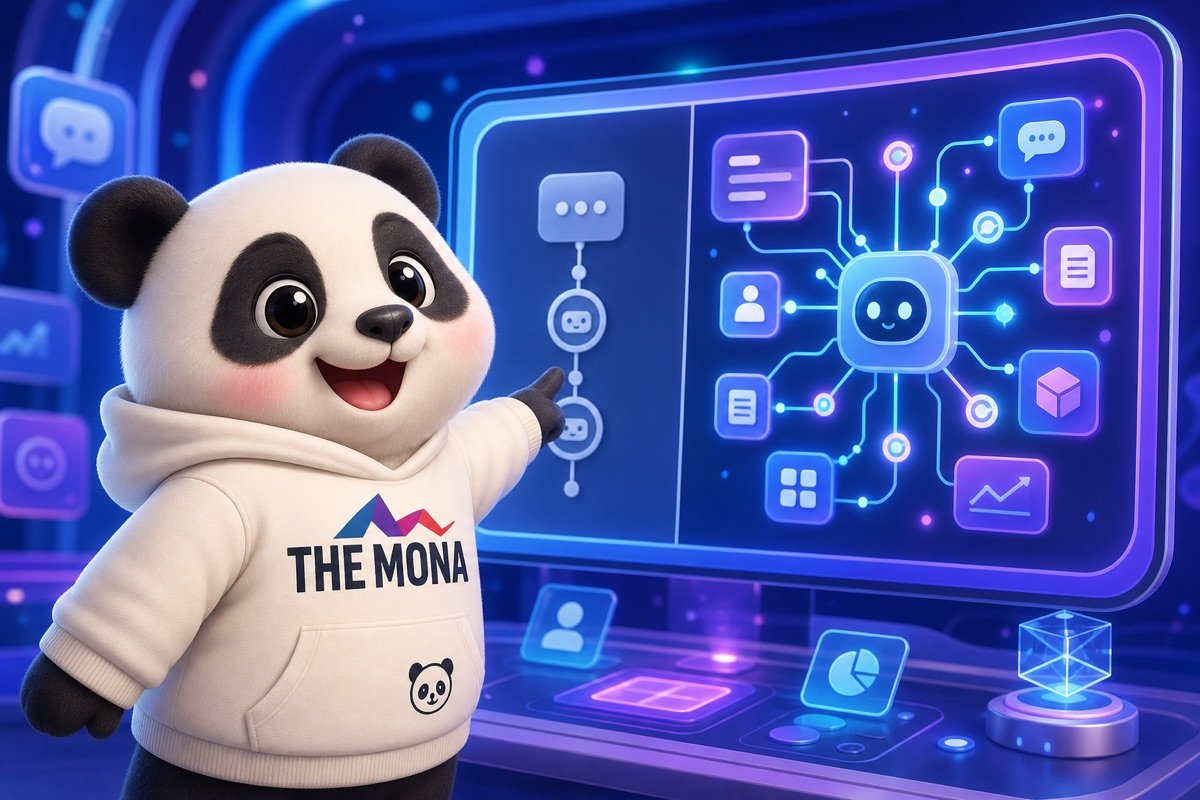 Chú gấu trúc vui vẻ chỉ vào bảng điều khiển, minh họa sự khác biệt giữa chatbot cũ và AI agent tự làm việc.