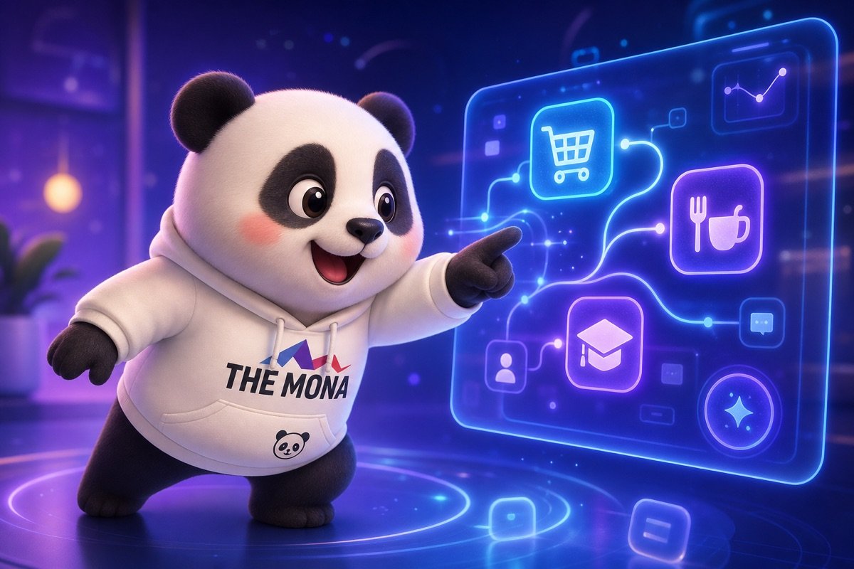 Chú gấu trúc vui vẻ chỉ vào màn hình hiển thị các ngành nghề khác nhau được kết nối bởi giải pháp AI agent tự làm việc.