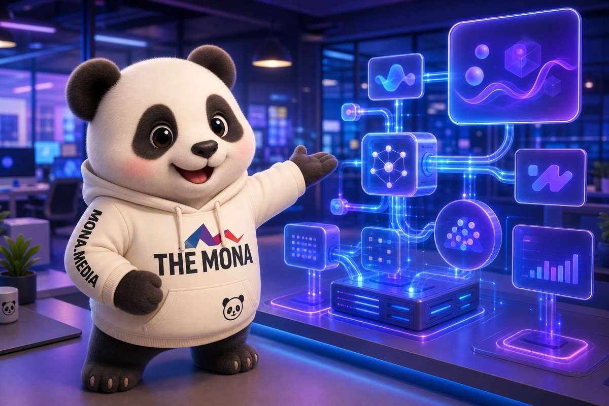 Hình ảnh chú gấu trúc tự tin mời gọi khám phá giải pháp AI agent tự làm việc trong môi trường văn phòng hiện đại.