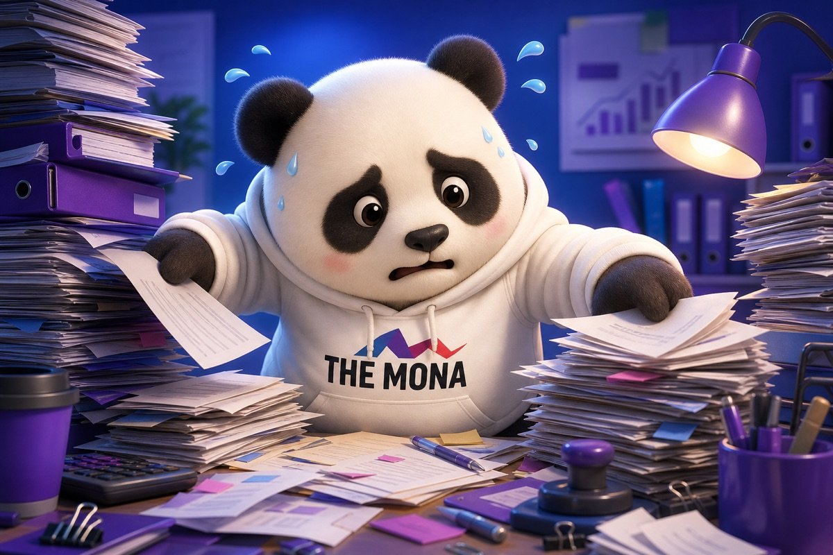 Chú gấu panda mệt mỏi vật lộn với núi hóa đơn, hợp đồng giấy, minh họa nỗi đau tiền chảy ra vì bóc tách dữ liệu thủ công.