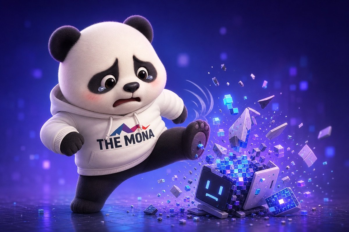 Chú gấu panda thất vọng đá đổ hộp phần mềm AI thị trường kém hiệu quả, minh họa nỗi đau khi thử nghiệm AI bóc tách dữ liệu tự động mà thấy ngu.