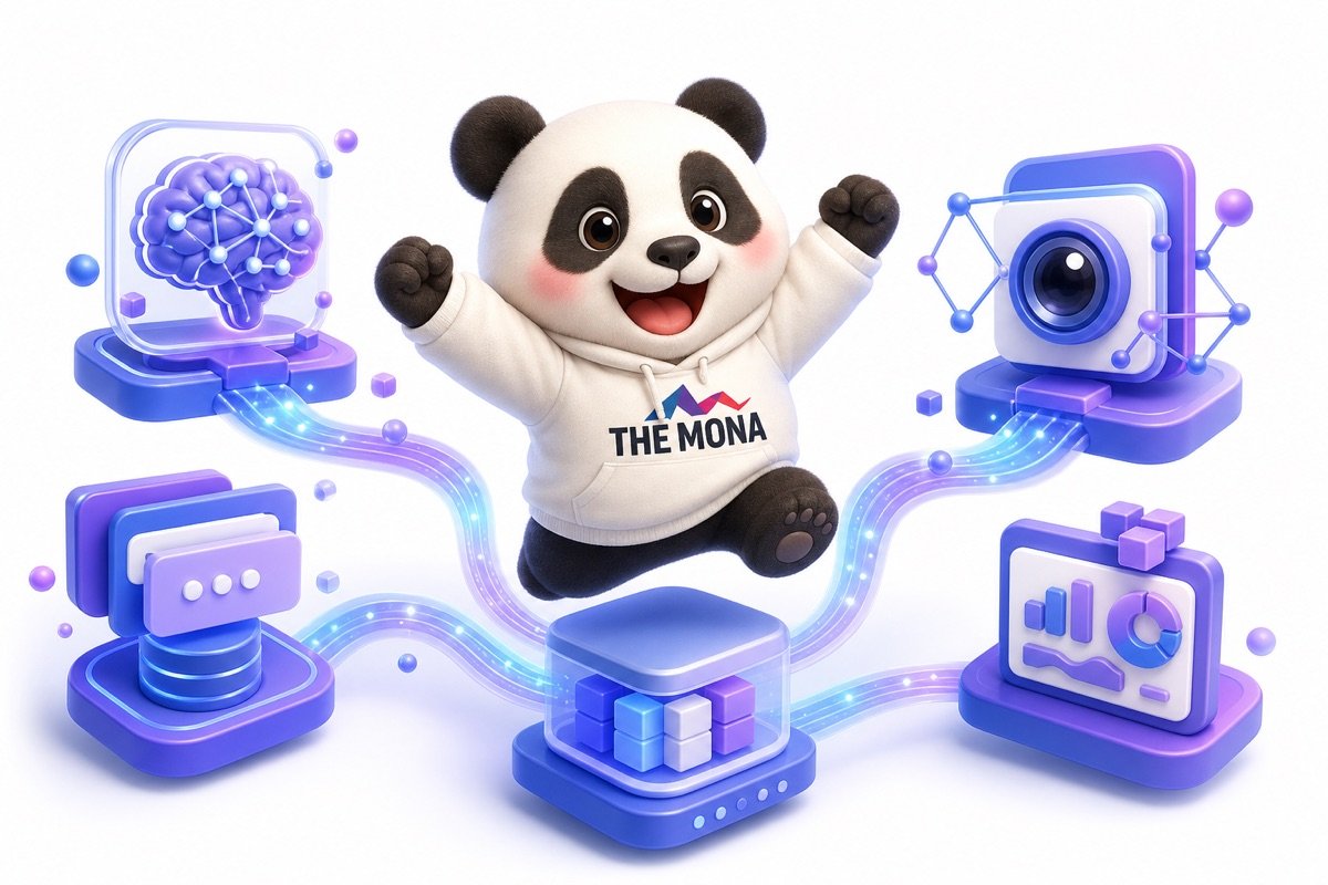 Infographic minh họa quy trình phần mềm tự động hóa của MONA dùng AI, LLM, CV để bóc tách dữ liệu chính xác và tích hợp vào ERP.