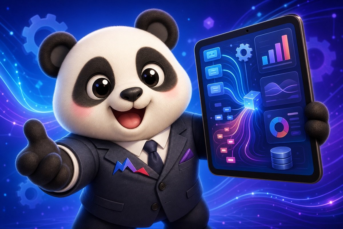 Chú gấu panda chuyên nghiệp giới thiệu giao diện phần mềm AI bóc tách dữ liệu tự động tùy chỉnh của MONA.