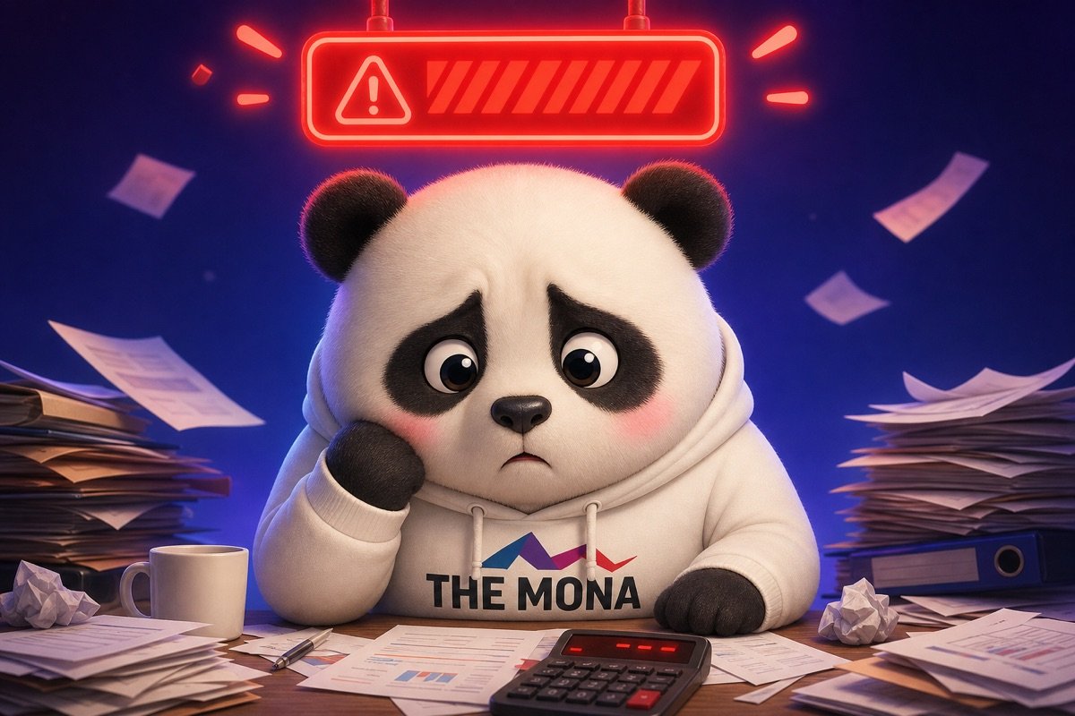 Chú gấu panda lo lắng nhìn bảng chi phí vượt ngân sách, minh họa nỗi đau tiền chảy ra trước khi áp dụng AI bóc tách dữ liệu tự động.