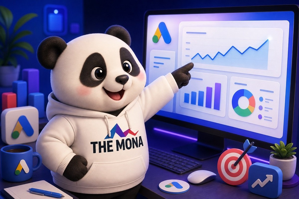 AI chạy Google Ads cho doanh nghiệp, gấu panda nhìn vào màn hình