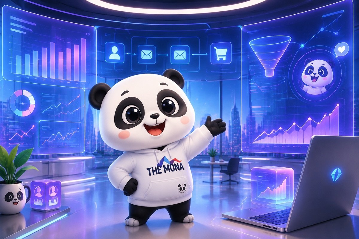 Chú gấu MONA tự tin mời gọi trong văn phòng marketing hiện đại, thể hiện sức mạnh của AI cho marketing tự động hóa.
