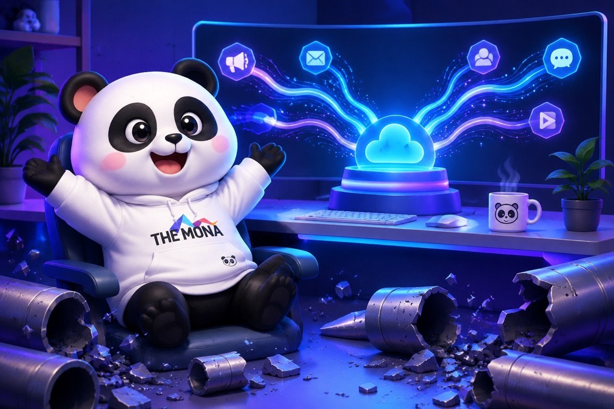 Chú gấu trúc vui vẻ làm việc tại bàn, nhìn thấy dòng tiền được tối ưu nhờ AI cho SEO và Marketing.