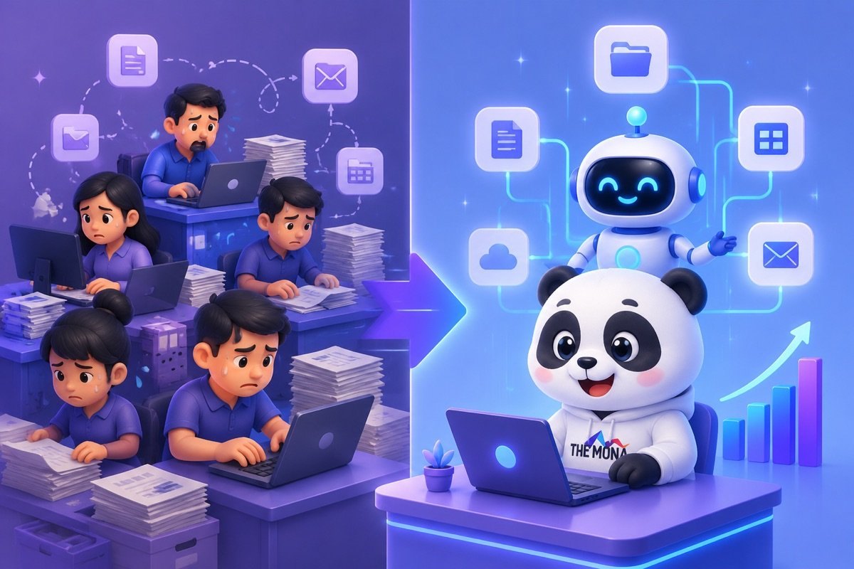 Infographic minh họa nhân sự Marketing giảm tải công việc thủ công nhờ tự động hóa AI.