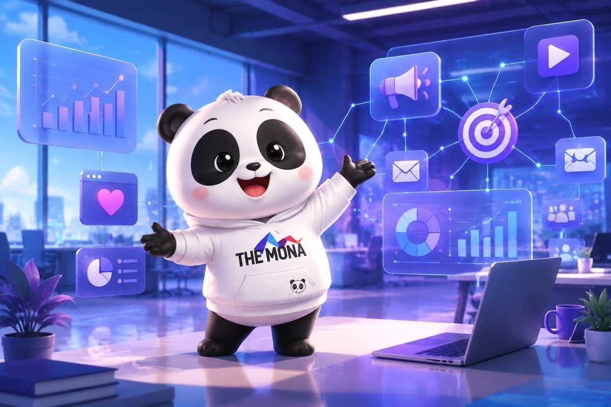 Chú gấu trúc tự tin chào đón, xung quanh là hệ thống AI cho SEO và Marketing hiện đại.