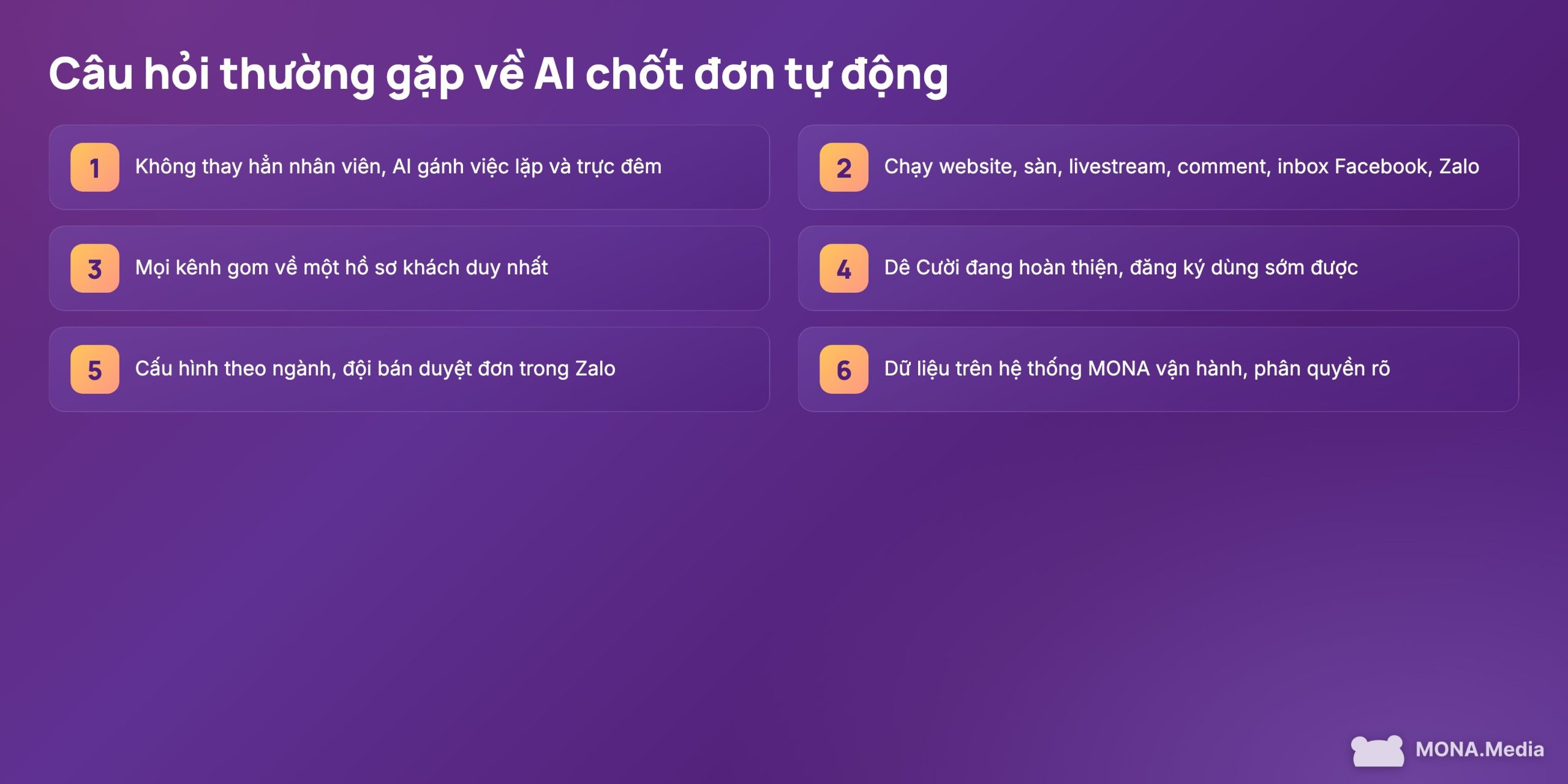 AI chốt đơn tự động câu hỏi thường gặp về kênh, triển khai và dữ liệu