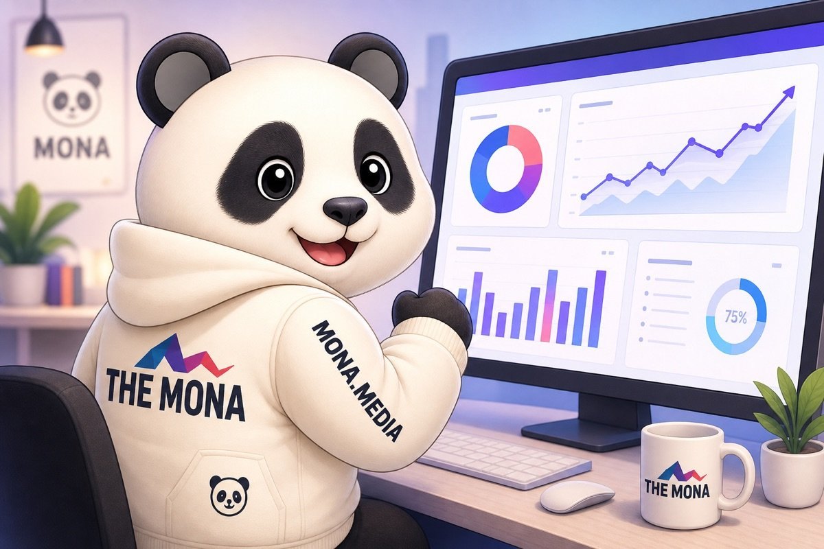 Gấu vui vẻ nhìn vào màn hình với nội dung marketing hấp dẫn