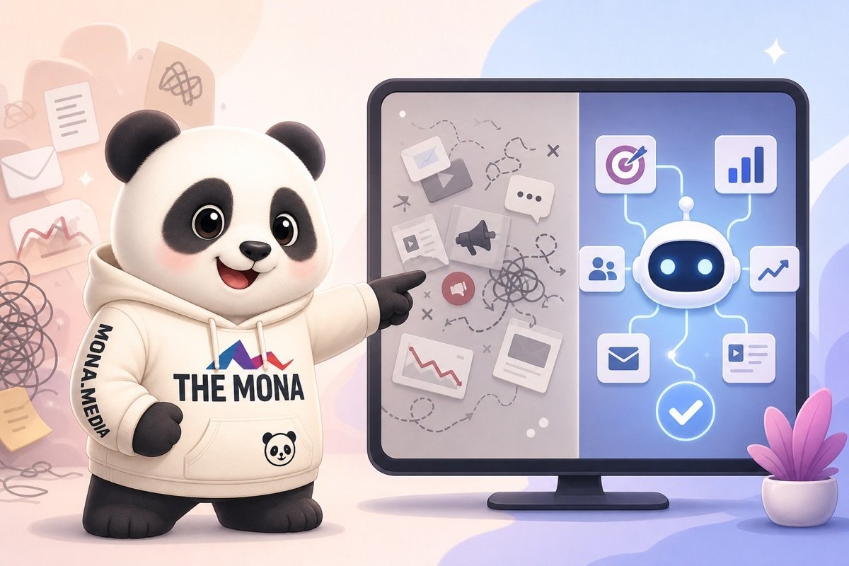Gấu vui vẻ chỉ vào số liệu marketing trước và sau khi áp dụng AI