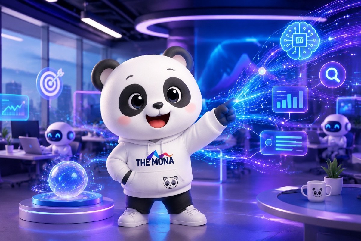 Chú gấu MONA tự tin mời gọi khám phá cách AI làm SEO, biến website thành cỗ máy tiền.