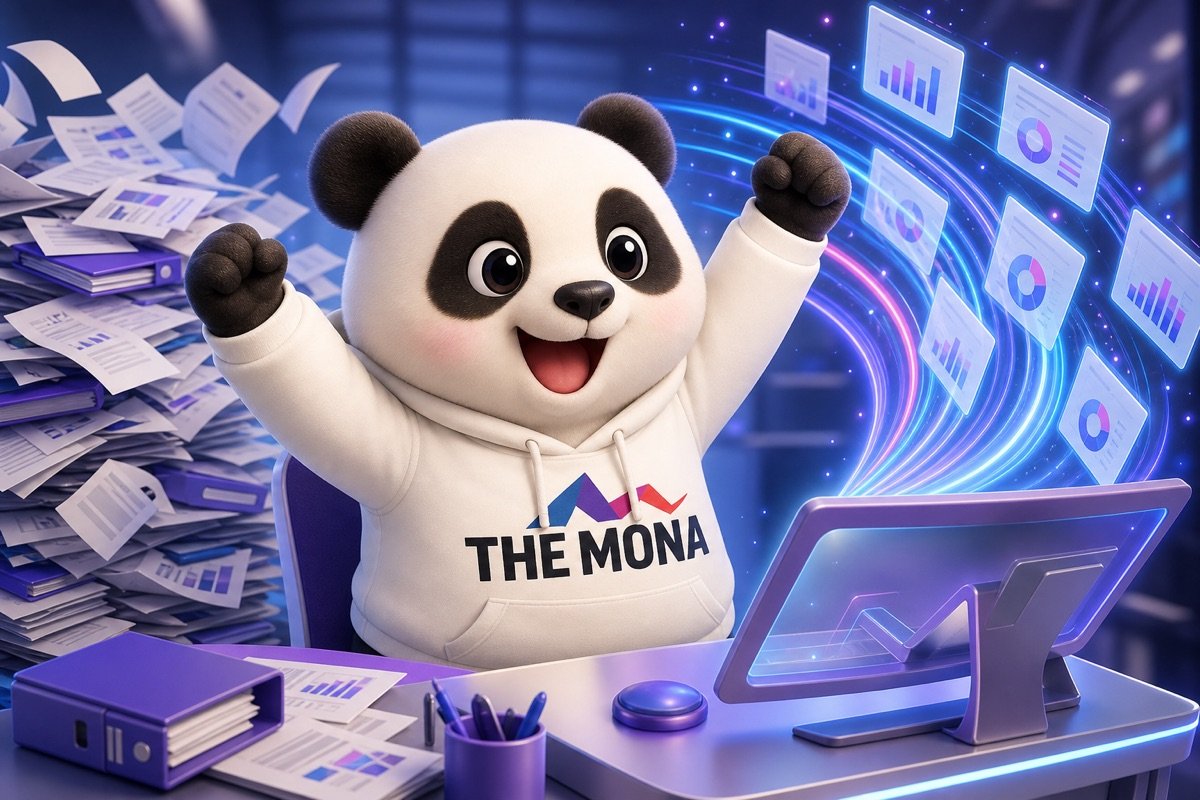 Gấu panda vui vẻ làm việc tại máy tính, phía sau là dòng dữ liệu bán hàng được sắp xếp gọn gàng, thể hiện hy vọng từ việc khai thác AI phân tích dữ liệu bán hàng.