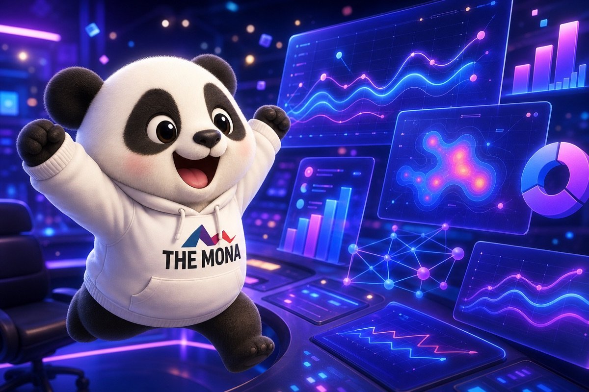 Góc nhìn qua vai chú gấu panda đang vui vẻ xem màn hình dashboard hiển thị các phân tích dữ liệu bán hàng, mở ra cơ hội sản phẩm mồi mới.