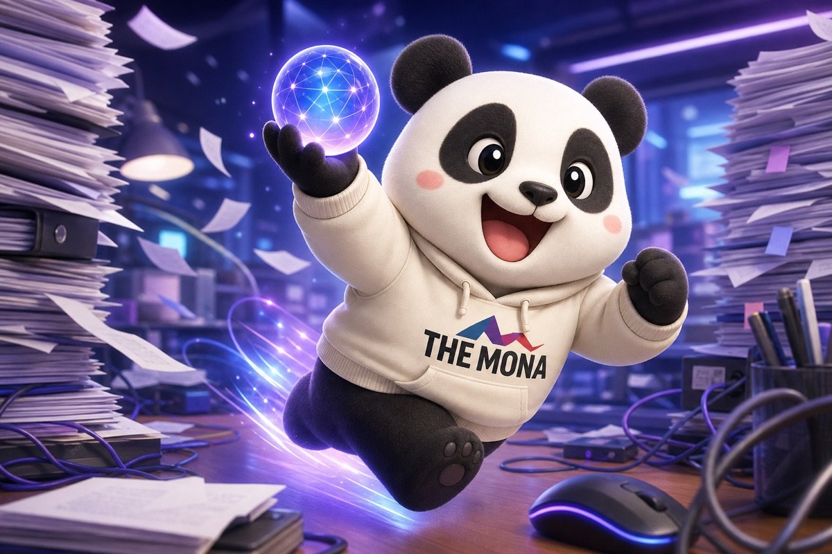 Gấu panda năng động di chuyển qua không gian làm việc lộn xộn với các báo cáo bán hàng, tìm kiếm mối liên hệ sản phẩm, minh họa khó khăn khi không có AI phân tích dữ liệu bán hàng.