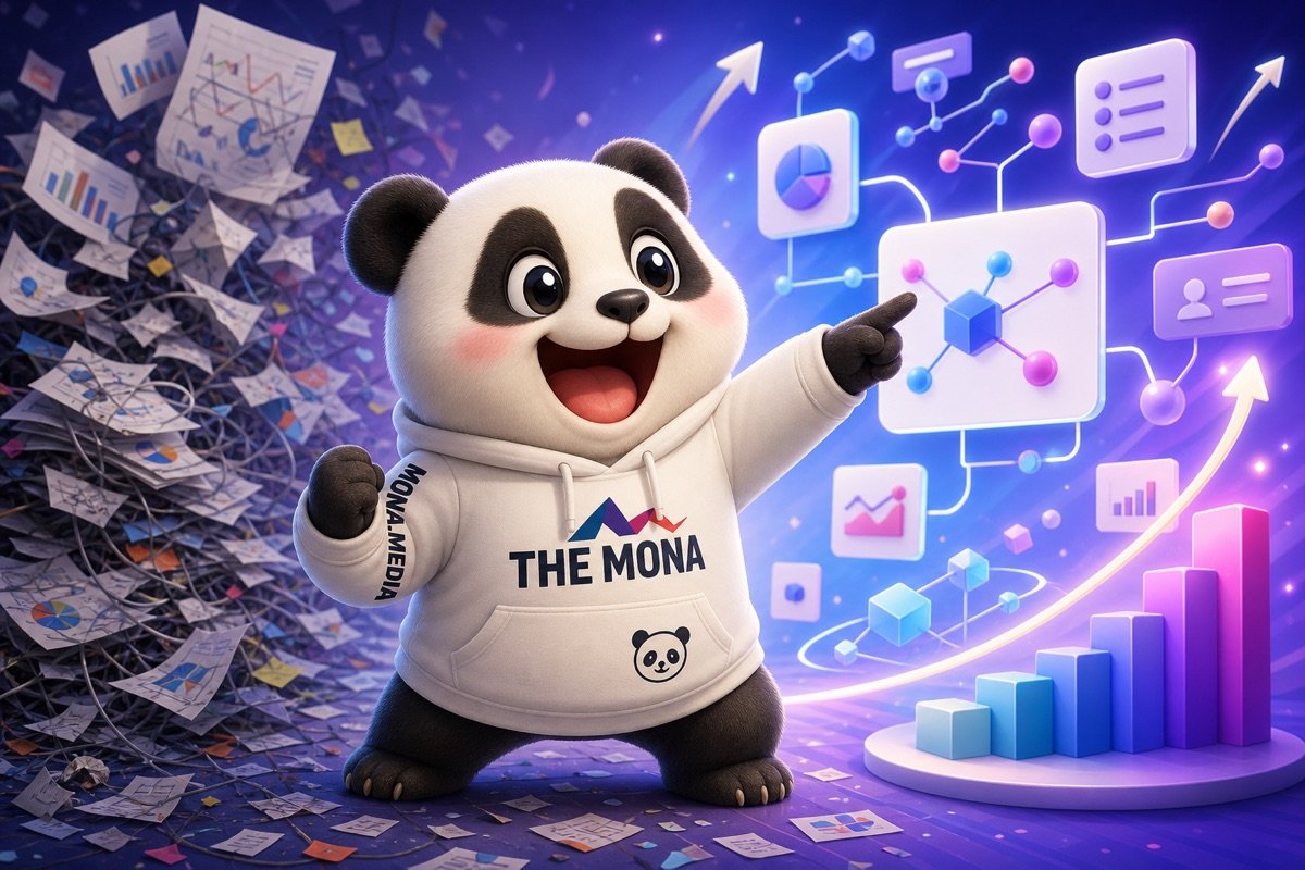 Gấu panda hào hứng chỉ vào các con số được sắp xếp gọn gàng, đối lập với dữ liệu bán hàng lộn xộn, cho thấy hiệu quả của AI phân tích dữ liệu bán hàng.
