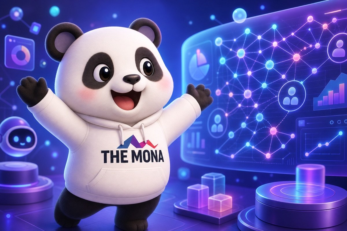Gấu panda biểu cảm thấu hiểu, nhìn chăm chú vào màn hình hiển thị mạng lưới dữ liệu hành vi khách hàng, thể hiện khả năng 'đọc vị' của AI phân tích dữ liệu bán hàng.