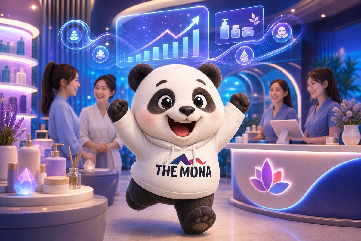 Gấu panda vui vẻ đứng giữa không gian spa hiện đại, với các biểu đồ doanh thu bán chéo tăng trưởng rõ rệt nhờ AI phân tích dữ liệu bán hàng.