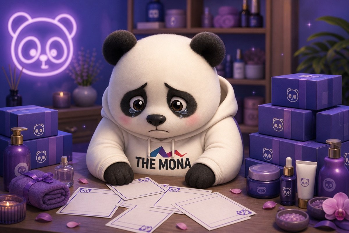 Gấu panda buồn bã, rũ rượi bên bàn làm việc chất đầy sản phẩm spa tồn kho, thể hiện nỗi lo lắng về doanh số bán hàng thấp và bỏ lỡ cơ hội.