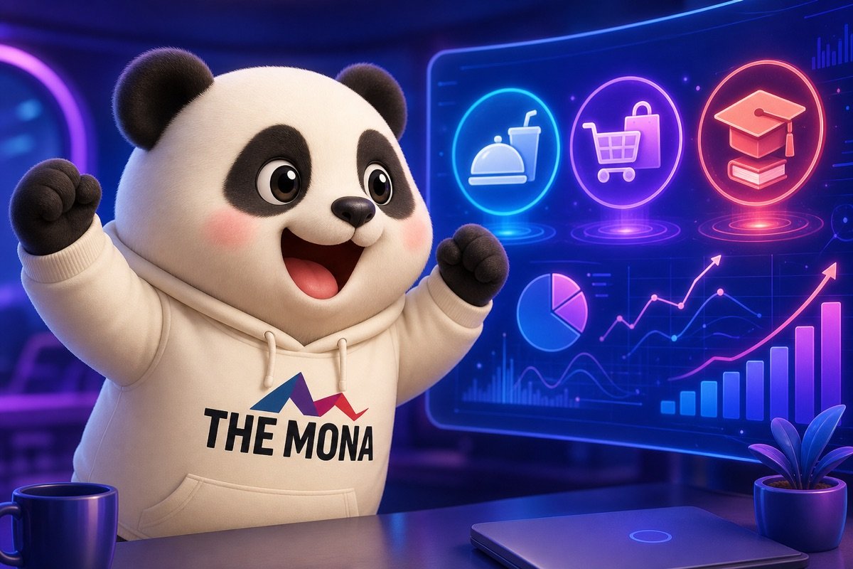 Góc nhìn qua vai gấu panda đang xem dashboard hiển thị các ngành nghề khác nhau áp dụng AI phân tích dữ liệu bán hàng, thể hiện tiềm năng mở rộng.