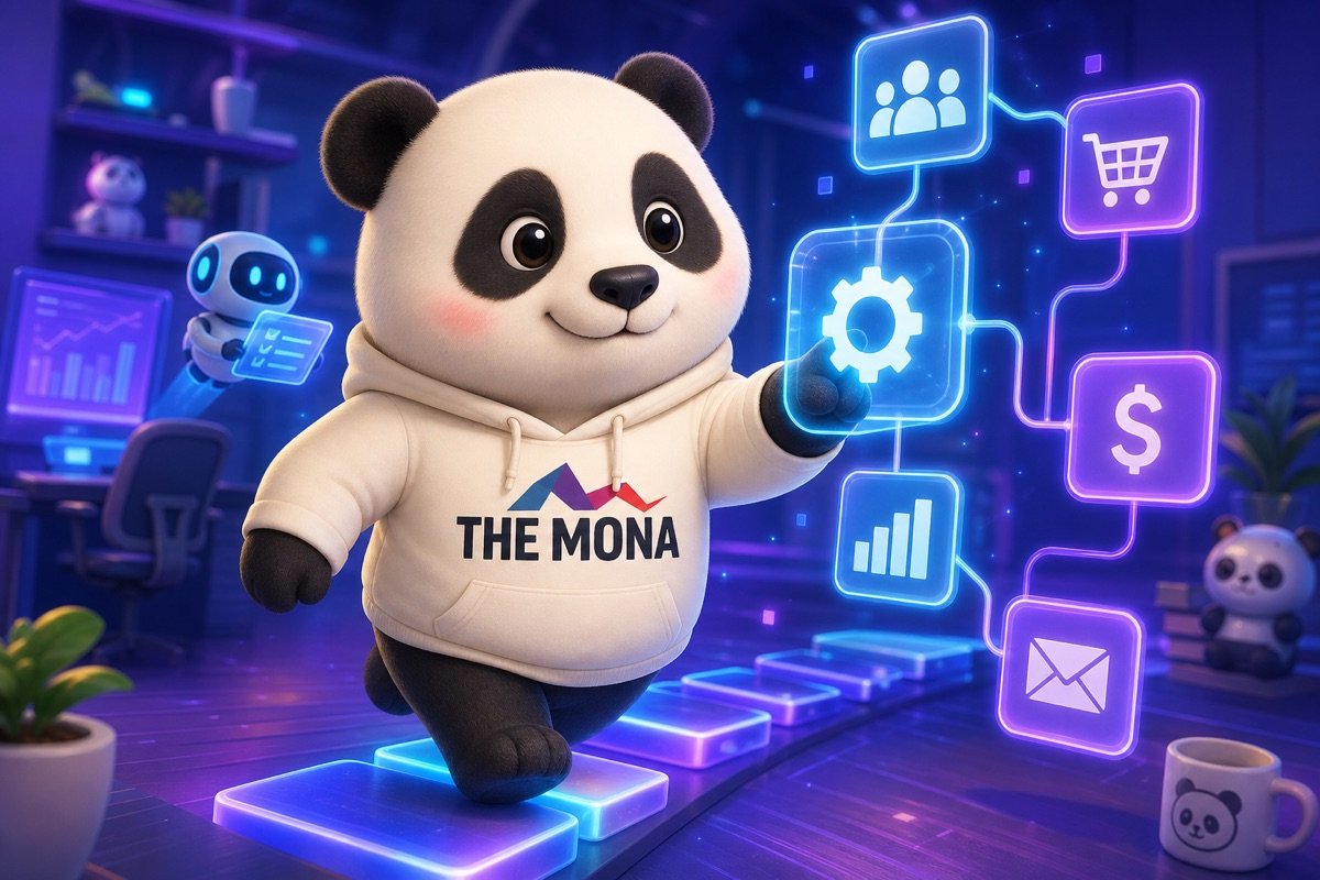 Gấu panda quyết tâm di chuyển qua không gian làm việc, tương tác với các mô-đun công nghệ, thể hiện quá trình triển khai AI phân tích dữ liệu bán hàng cho nhiều ngành.