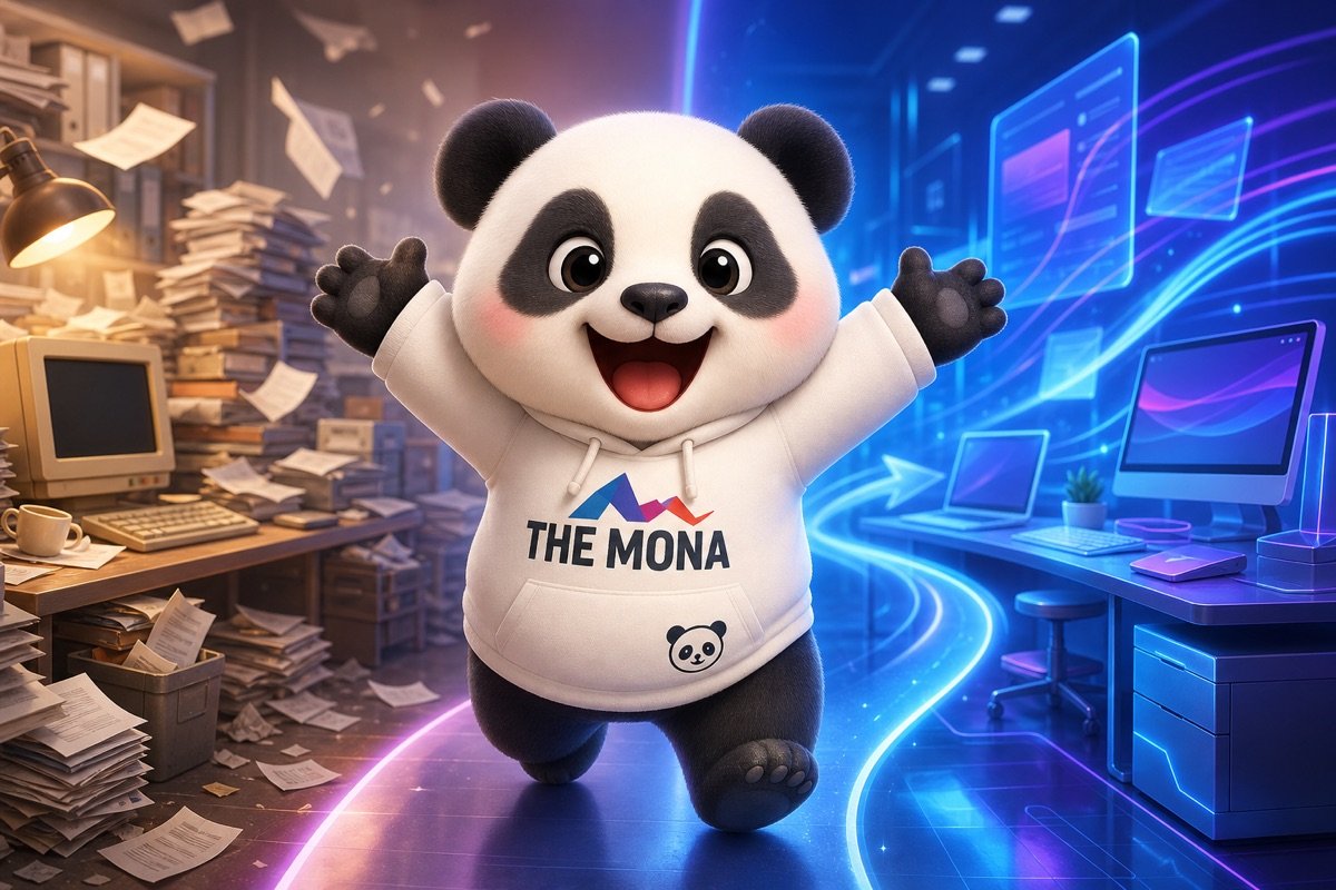 Gấu panda tươi cười dang tay mời gọi, đứng giữa hai không gian: một bên là văn phòng cũ kỹ, một bên là không gian làm việc tự động hóa hiện đại, thể hiện lợi thế cạnh tranh với AI phân tích dữ liệu bán hàng.