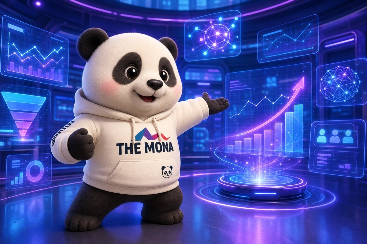 Chú gấu panda tự tin mời gọi, đứng giữa văn phòng hiện đại với màn hình hiển thị dữ liệu, thể hiện sức mạnh của AI phân tích dữ liệu bán hàng.